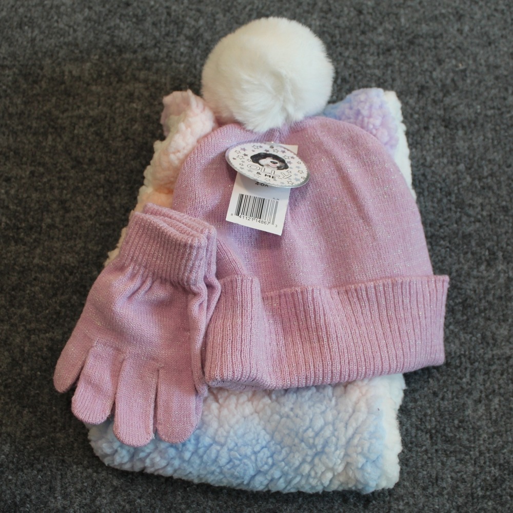 Olly & Me Hat Scarf & Gloves Set Purple Orchid Jersey Pom 4-6X NWT